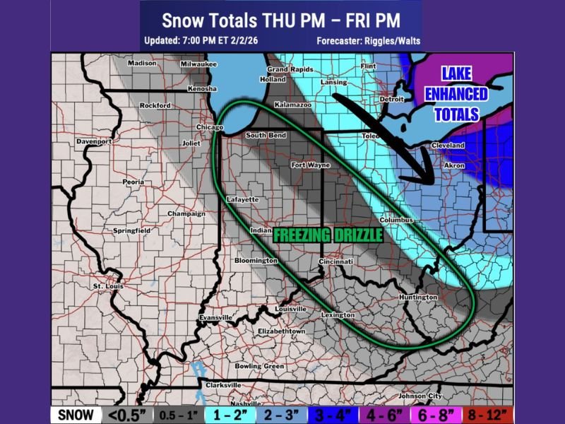 Indiana, Ohio, and Michigan Could See Another Clipper Late Week, With Freezing Drizzle Risk and Lake-Enhanced Snow Bands Thursday Night Into Friday