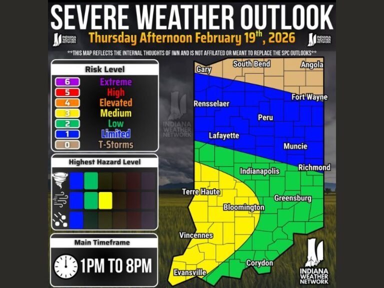 Indiana Severe Weather Outlook Flags Thursday Afternoon Wind Damage Risk Near and South of Indianapolis, With Brief Tornadoes Possible