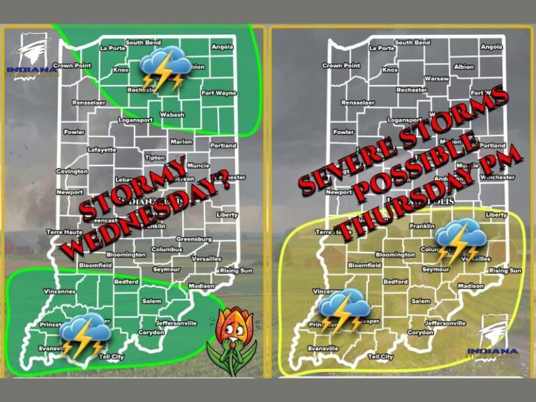 Indiana Storm Pattern Shifts This Week as Wednesday Brings Widespread Thunderstorms and Thursday Carries a Higher Severe Risk With Wind, Hail, and Isolated Tornado Potential