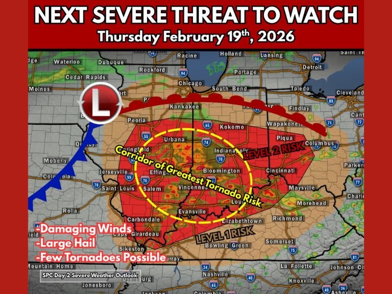 Level 2 Severe Risk Issued for Illinois and Indiana as Corridor of Greatest Tornado Threat Targets I-70 Region Thursday Afternoon