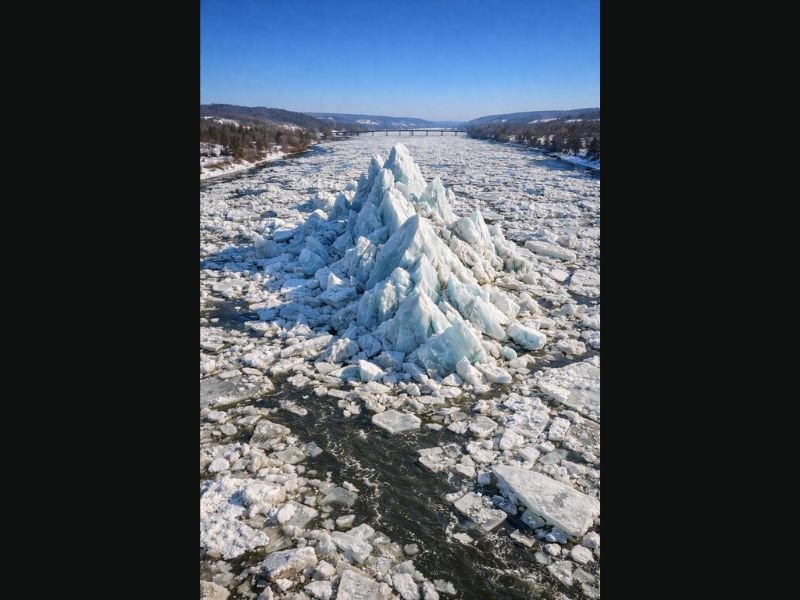 Massive Ice Jam on Susquehanna River in Luzerne County, Pennsylvania Forces Towering “Ice Mountains” as Pressure Sends Slabs Skyward