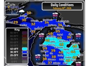 Michigan’s February 20 Weather Turns Messy: Stalling Low Brings Rotating Rain-Snow Bands and 45 mph Wind Gusts