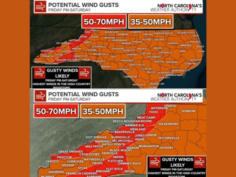 North Carolina High Wind Warning Expands as 50–70 MPH Gusts Target Blue Ridge and High Country Tonight Into Saturday