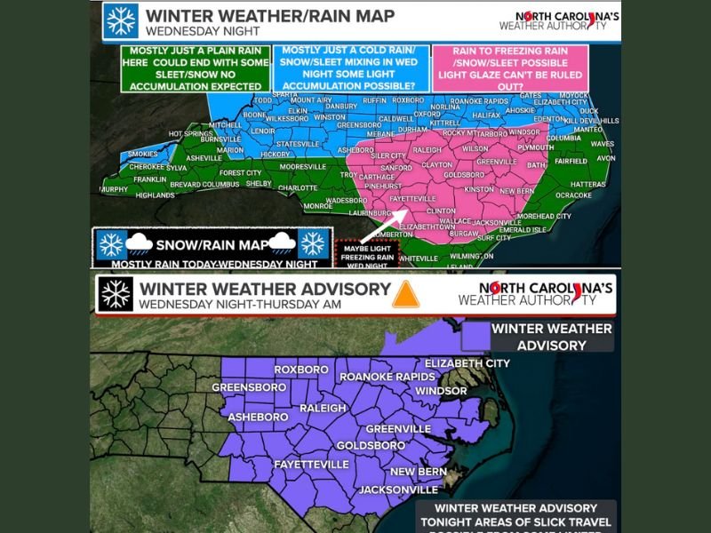 North Carolina Winter Weather Advisory Issued as Rain Changes to Snow, Sleet, and Freezing Rain Overnight Into Thursday