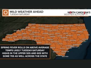 North Carolina to See Above-Average Temperatures Tuesday Through Saturday as High Pressure Brings Widespread 60s and 70s