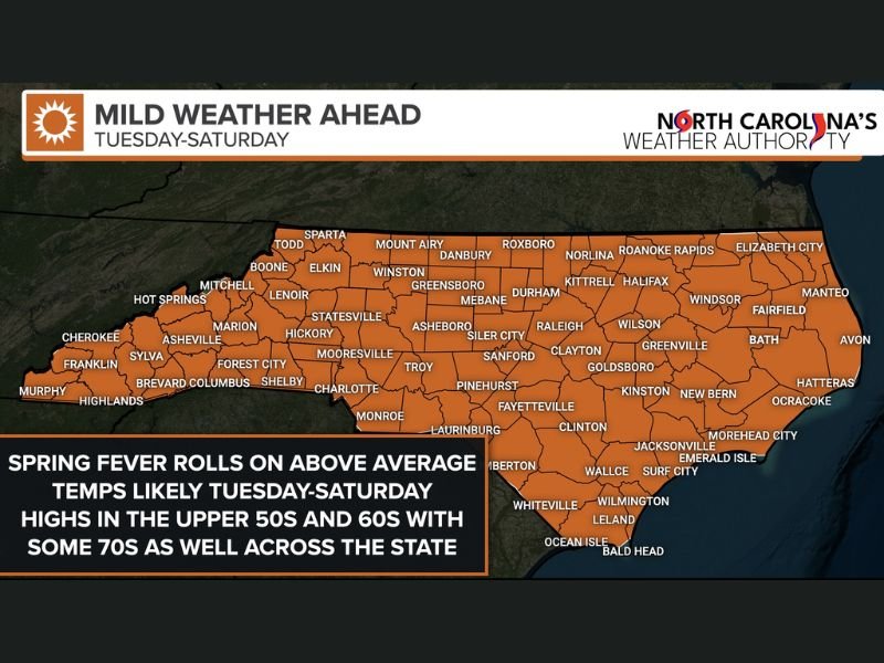 North Carolina to See Above-Average Temperatures Tuesday Through Saturday as High Pressure Brings Widespread 60s and 70s