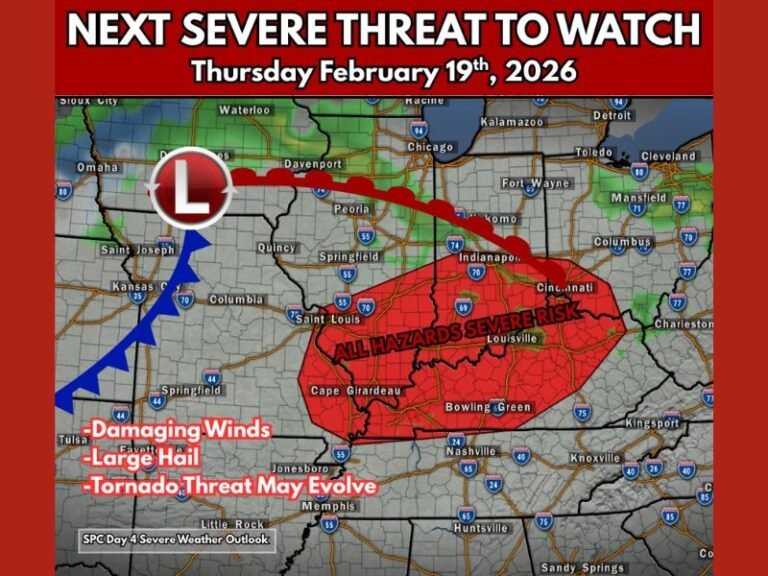 Ohio River Valley Braces for Feb. 19 Severe Weather Threat as “All Hazards” Zone Highlights Wind, Hail, and Possible Tornado Setup