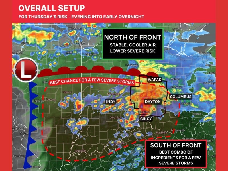 Ohio and Indiana Face Evening Severe Storm Risk as Warm Front Targets Areas South of US-36 With Damaging Wind Threat
