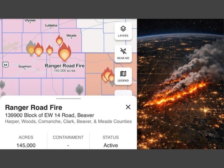 Oklahoma and Kansas Ranger Road Fire Explodes to 145,000 Acres, Earning “Megafire” Label as Crews Face Active Spread