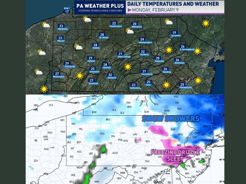 Pennsylvania Begins Gradual Warm-Up After Arctic Weekend as Light Wintry Mix Threatens Eastern Areas Tuesday Night