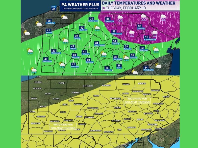 Pennsylvania Sees Late-Day Rain, Freezing Rain Risk, and Isolated Thunder as Temperatures Rise Into 30s, 40s, and Near 50 Tuesday