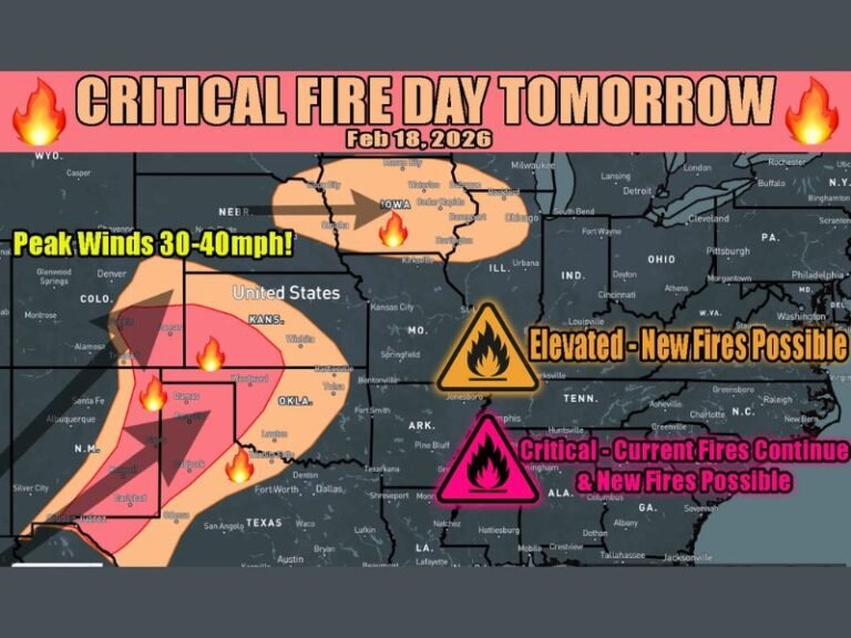 Plains Wildfire Danger Spreads East: Critical Fire Weather Returns Feb. 18 With 30–40 MPH Winds Reaching Iowa and Illinois