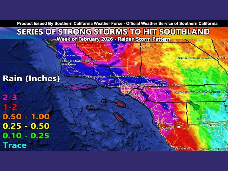 Southern California Braces for Week-Long “Raiden Storm Pattern” as Series of Strong Systems Threaten Heavy Rain, Mountain Snow, and Possible Pass Closures