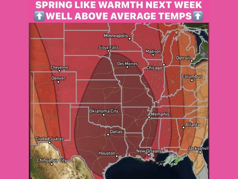 Spring-Like Warmth Set to Surge Across the South and Central U.S. Next Week as Temperatures Run 15–20 Degrees Above Normal