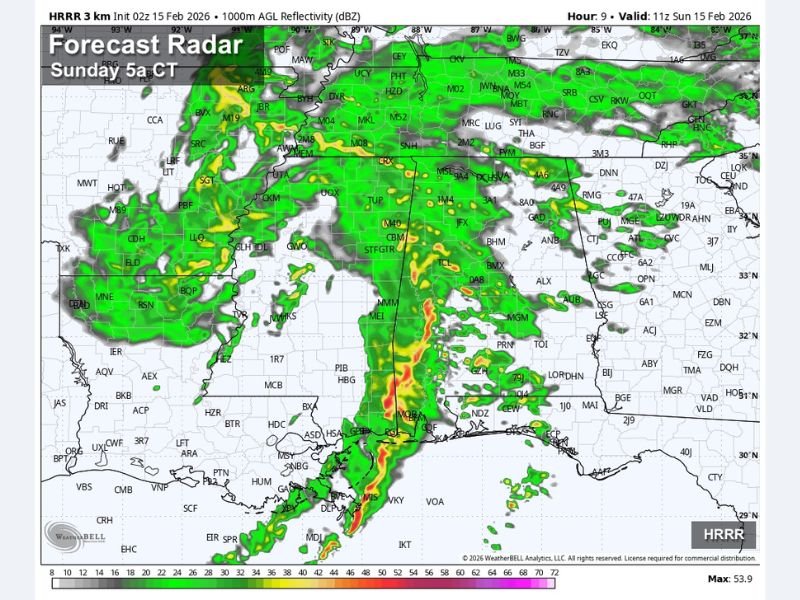 Storm Line Weakening Overnight as It Pushes from Louisiana into Southwest Alabama, Bringing Mainly Rain to Most of the State