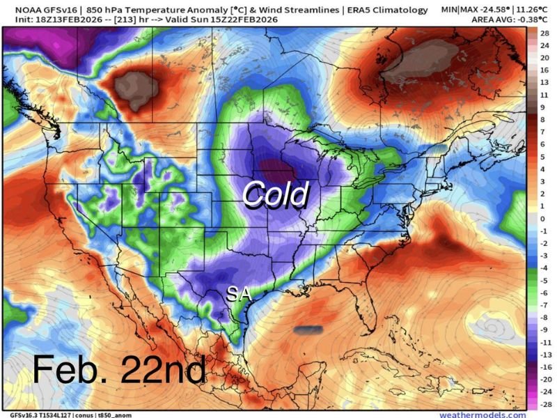 Texas Cold Front Set for February 22–23 as Arctic Air Drops South, Raising Freeze Concerns in Hill Country and San Antonio