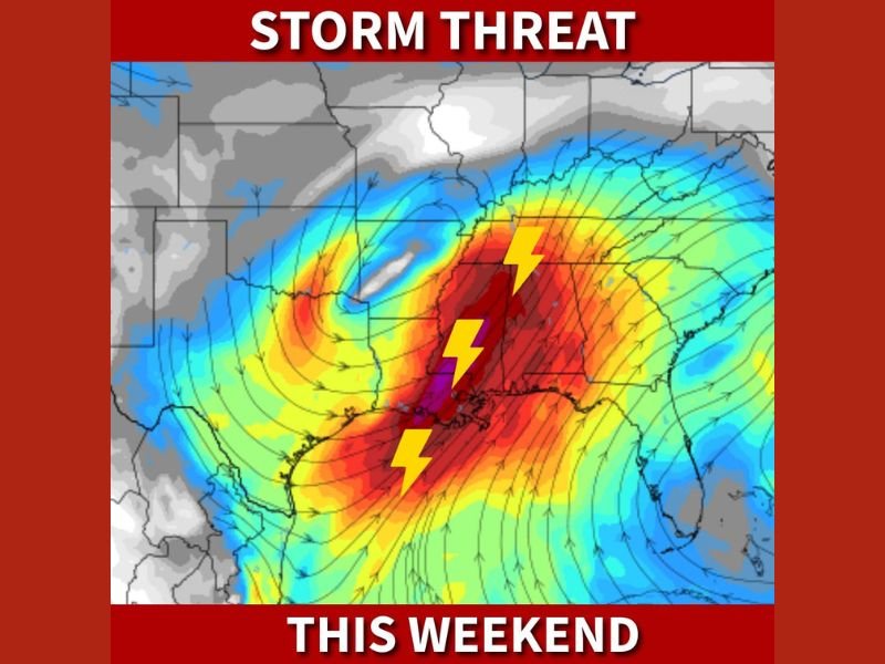 Texas, Louisiana, Mississippi, and Alabama Face Heavy Rain and Storm Threat as Vigorous System Moves Across the South This Weekend