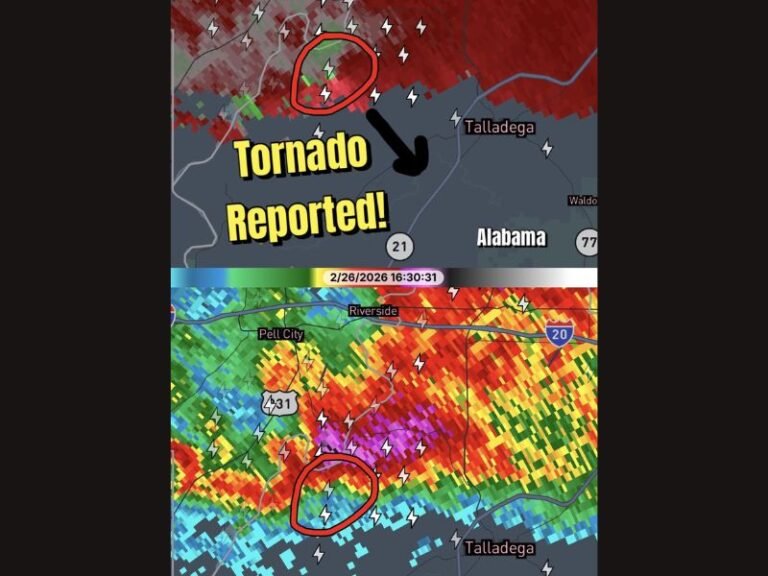 Tornado Reported East of Birmingham, Alabama as Unwarned Storm Moves Toward Talladega With Brief Twisters Possible
