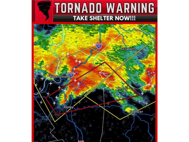 Tornado Warning Issued for Ripley and Ravenswood, West Virginia as Severe Storm Moves East at 45 MPH