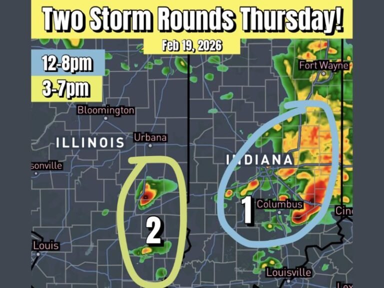 Two Rounds of Severe Storms Target Illinois and Indiana Along I-70 Corridor Thursday With Hail and Tornado Threat Possible