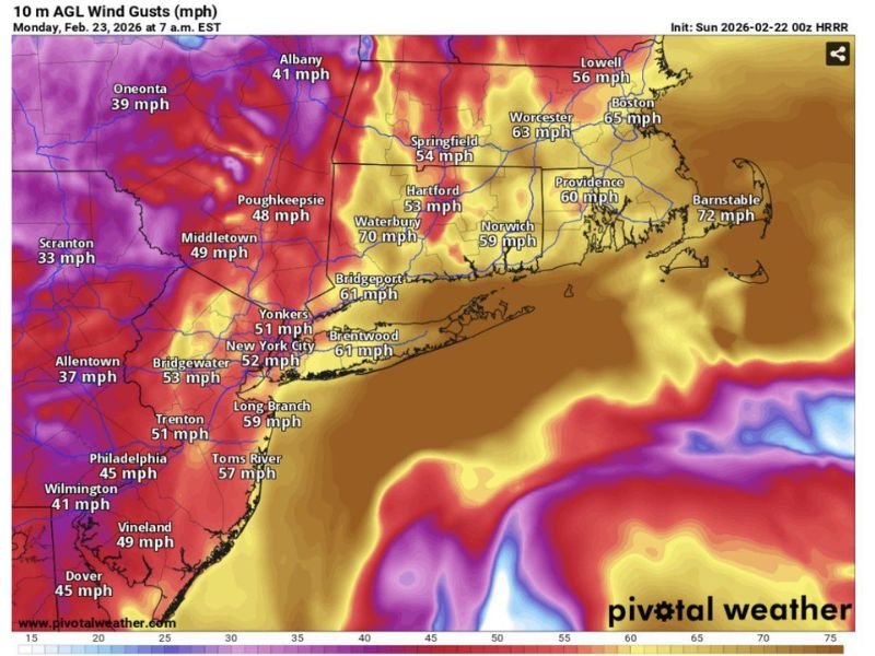 Wet, Heavy Snow and 70+ MPH Wind Gusts Could Trigger Widespread Power Outages Across NJ, Long Island, and Southern New England