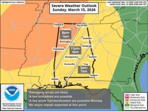 Alabama Braces for Overnight Severe Storm Line With Damaging Winds and Tornado Risk From Sunday Night Into Early Monday
