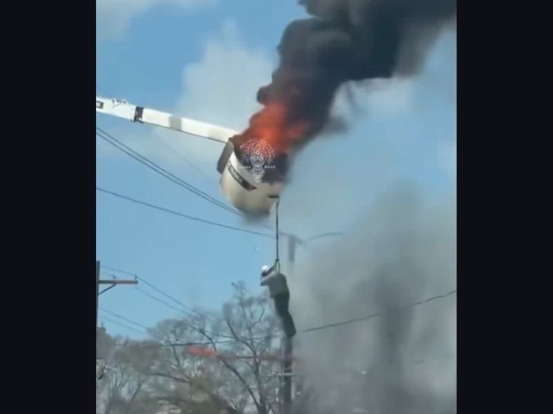 Baton Rouge, Louisiana Utility Worker Escapes Burning Bucket Truck After Fire Erupts Midair During Street Work