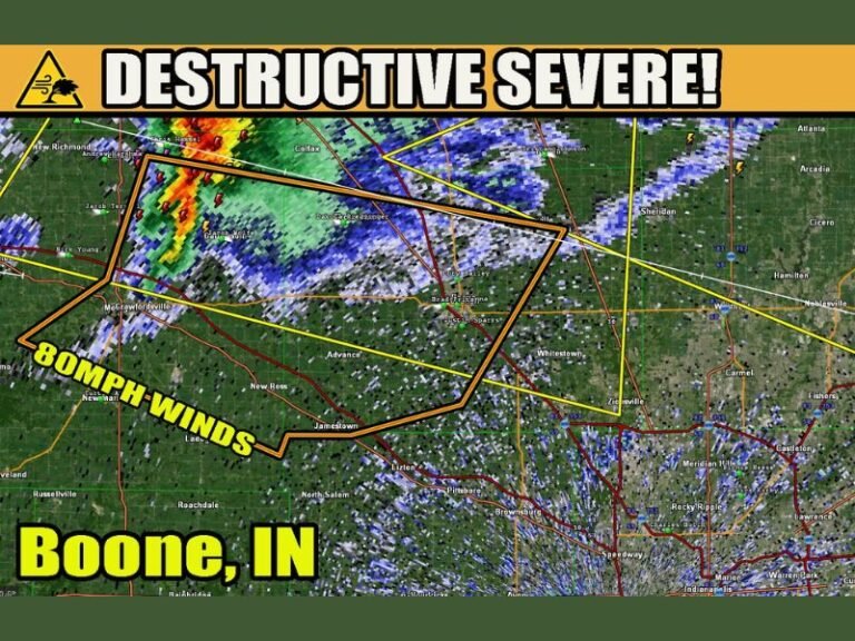 Boone County Indiana Under Severe Storm Warning With 80 MPH Winds Racing East Toward Areas North of Indianapolis
