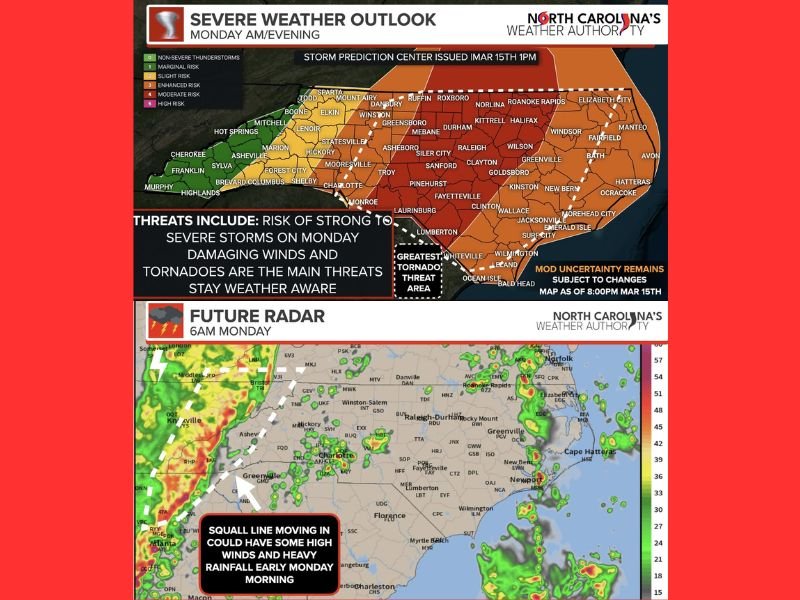 Central and Eastern North Carolina, Southern Virginia Under Moderate Level 4 Severe Storm Risk Monday With Damaging Winds and Tornadoes Possible