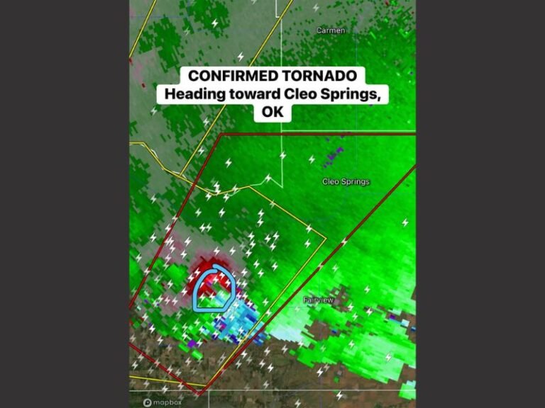Confirmed Tornado Racing Toward Cleo Springs, Oklahoma as Violent Storm Cell Triggers Emergency Radar Signatures