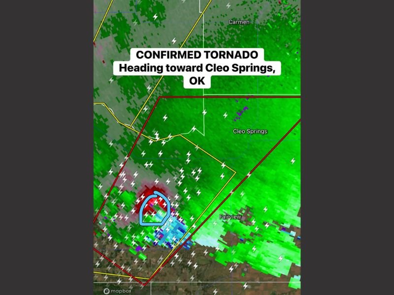 Confirmed Tornado Racing Toward Cleo Springs, Oklahoma as Violent Storm Cell Triggers Emergency Radar Signatures