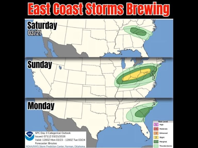 East Coast Storm System Targets North Carolina, South Carolina, Virginia and Pennsylvania With Weekend Thunderstorm Risk Into Monday