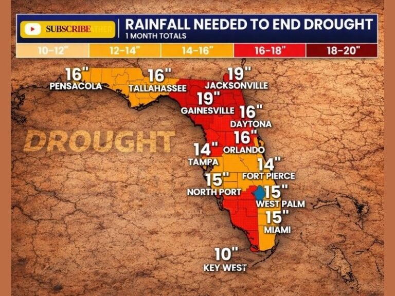 Florida Cities Including Jacksonville, Gainesville, Orlando, Tampa and Miami Need 14 to 19 Inches of Rain in One Month to End Worsening Drought