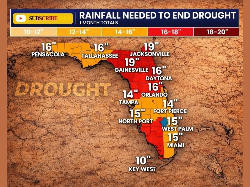 Florida Cities Including Jacksonville, Gainesville, Orlando, Tampa and Miami Need 14 to 19 Inches of Rain in One Month to End Worsening Drought