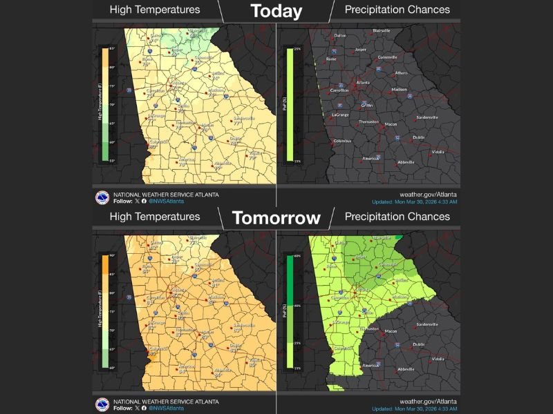 Georgia and Southeastern United States Face June Like Heat Surge Up to 20 Degrees Above Normal With Moist Gulf Air Bringing Isolated Showers
