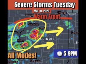 Illinois Braces for Severe Storms Tuesday Evening as Warm Front Lifts North With Tornado, Hail and Damaging Wind Threat
