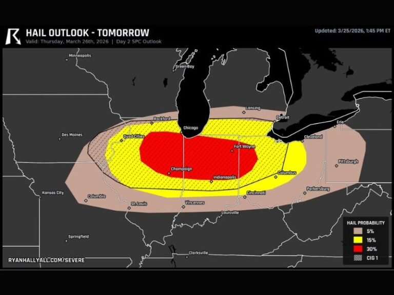 Illinois, Indiana and Western Ohio Under Level 3 Severe Risk With Supercells, 2 Inch Hail and Damaging Wind Line Expected Thursday