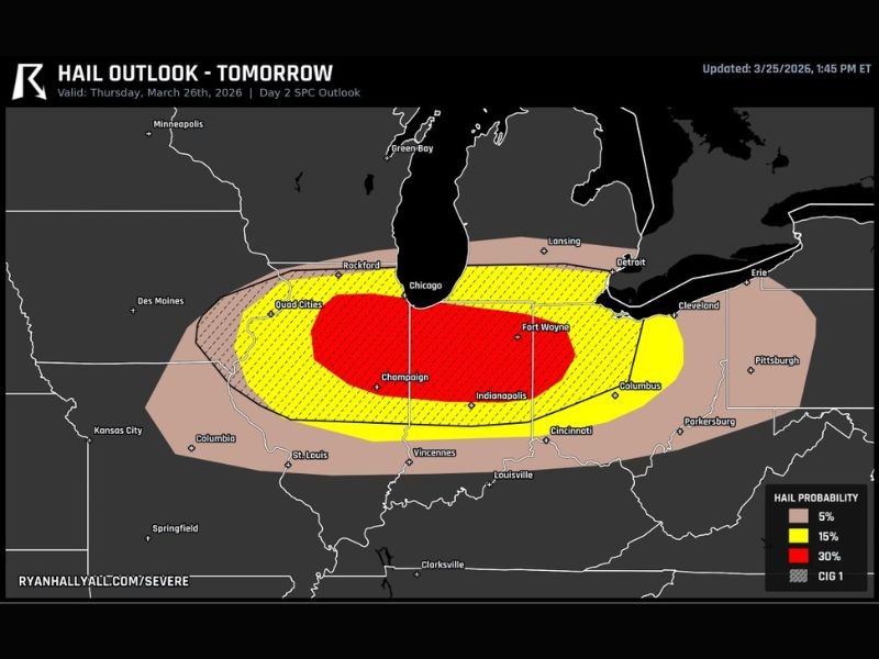 Illinois, Indiana and Western Ohio Under Level 3 Severe Risk With Supercells, 2 Inch Hail and Damaging Wind Line Expected Thursday