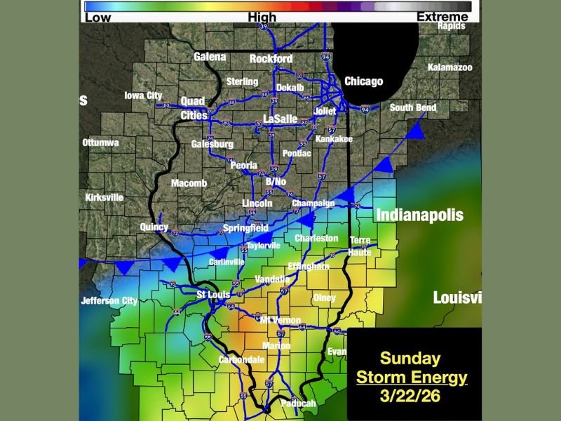 Illinois, Missouri, and Indiana Face Unstable Sunday Storm Setup as Cold Front Triggers Energy Surge from St. Louis to Chicago