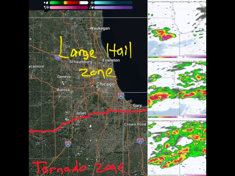 Illinois Severe Weather Timeline: Tornado Risk South of I-80 While Chicago Area Faces Major Large Hail Threat Tuesday Night