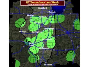 Illinois and Missouri Tornado Outbreak Map Shows 27 Twisters Verified Within 25 Miles of Communities Across Chicago, Springfield, Peoria and St. Louis