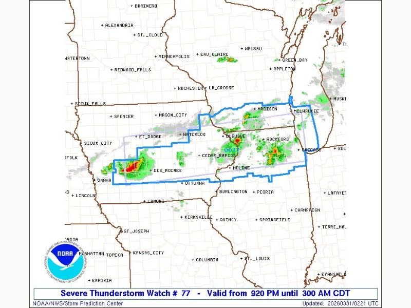 Iowa, Illinois, Wisconsin and Eastern Nebraska Under Severe Thunderstorm Watch With Golf Ball Size Hail and Overnight Storm Threat Until 3 AM