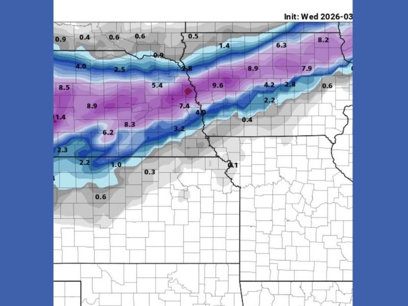 Kansas, Nebraska, Iowa, South Dakota and Missouri Could See Major Snow Band Shift South With 6 to 10 Inches Possible in Latest Model Trend