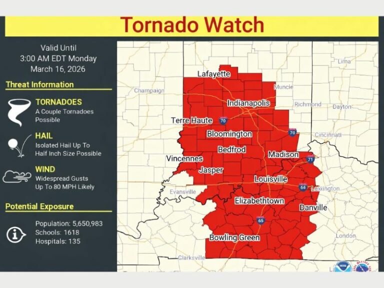 Kentucky and Indiana Under Tornado Watch Until 3 AM Monday as Louisville, Indianapolis and Multiple Cities Face 80 MPH Wind Threat