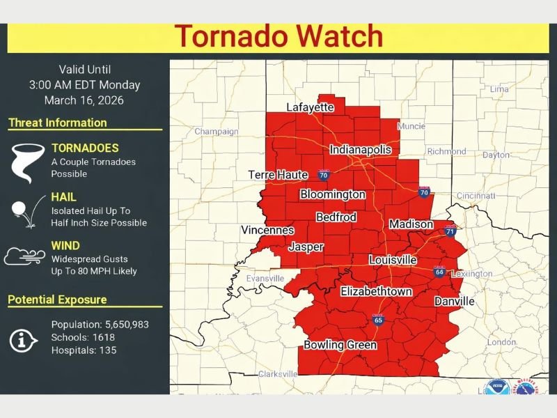 Kentucky and Indiana Under Tornado Watch Until 3 AM Monday as Louisville, Indianapolis and Multiple Cities Face 80 MPH Wind Threat
