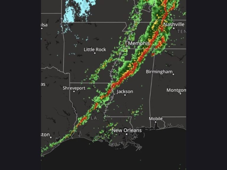 Louisiana Mississippi Tennessee Severe Storm Line Pushes From Gulf Coast Toward Memphis With 70+ MPH Winds Hail and Possible Tornado Spin-Ups Overnight
