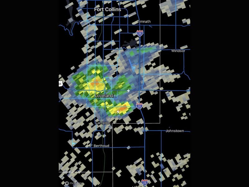 Loveland, Fort Collins and Windsor Colorado Hit by Intense Thunderstorm With Lightning and Heavy Rain Moving Across I-25 Corridor