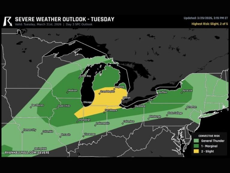 Michigan, Illinois, Indiana and Ohio Face Level 2 Severe Storm Risk With Damaging Winds, Hail and Possible Tornado Tuesday Afternoon