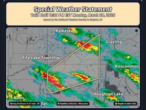 Michigan Kalkaska and Missaukee Counties Under Special Weather Statement With 1/2 Inch Hail and Fast-Moving Storm Until Late Night