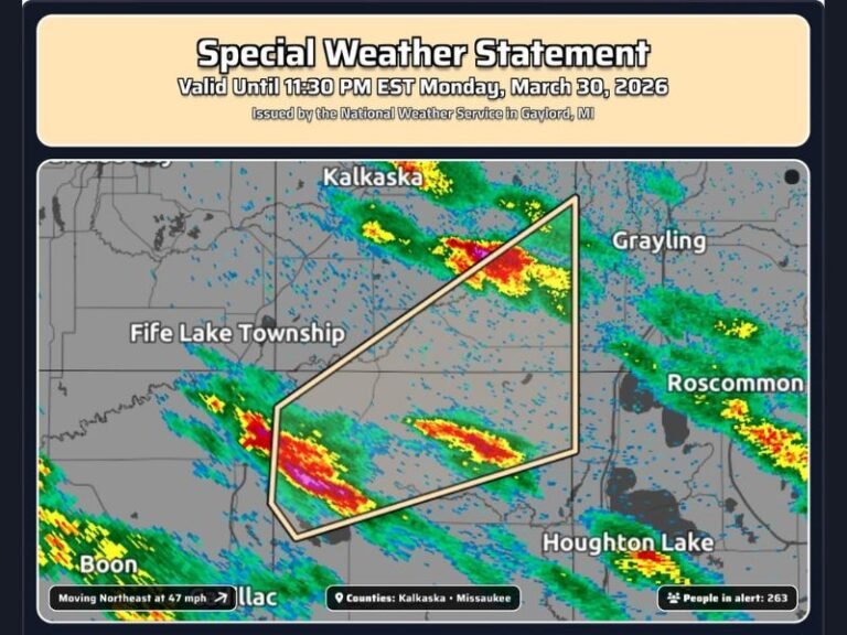 Michigan Kalkaska and Missaukee Counties Under Special Weather Statement With 1/2 Inch Hail and Fast-Moving Storm Until Late Night